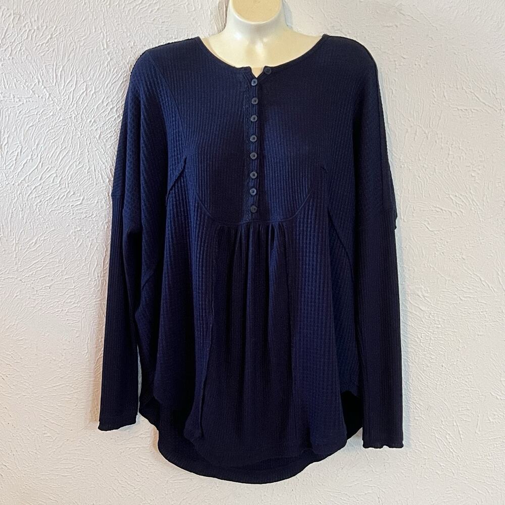 Free People Women Navy Blue Waffle Knit Leo Henley Long Sleeve Oversized Top XS